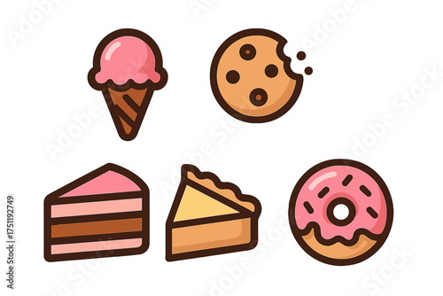 Collection of popular sweet desserts and baked goods including ice cream, cookie, cake, and donut icons