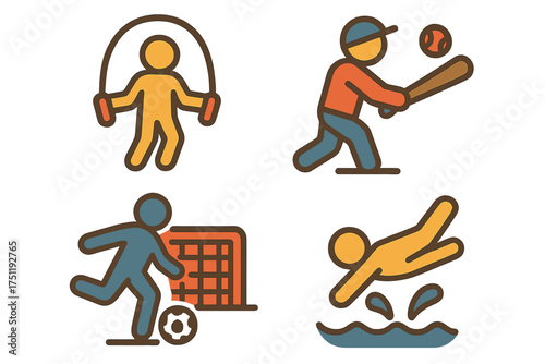 Colorful sports icons set showing skipping, batting, soccer, and swimming physical activities