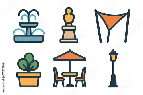 Outdoor park and cafe elements icons set: fountain, statue, potted plant, and street lamp