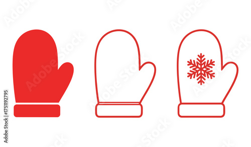 A set of three red winter mittens one solid one outline one with snowflake vector