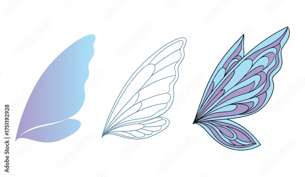 Fototapeta premium A set of three styles of fairy wings in blue and purple gradient and outline butterfly wings fantasy