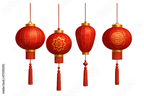 Set of traditional red Chinese lanterns with golden ornaments and hanging tassels