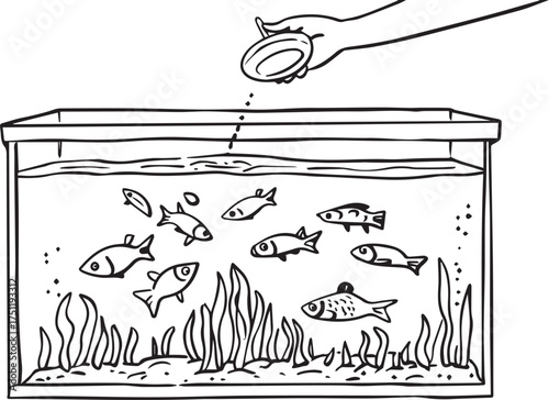 a simple line drawing of an aquarium with fish inside, with a hand above pouring food into it. the background is white, and the lines are blac