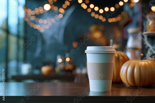 A cup of coffee to go from a Halloween-themed coffee shop. Halloween-themed background. Preparing for Halloween. 