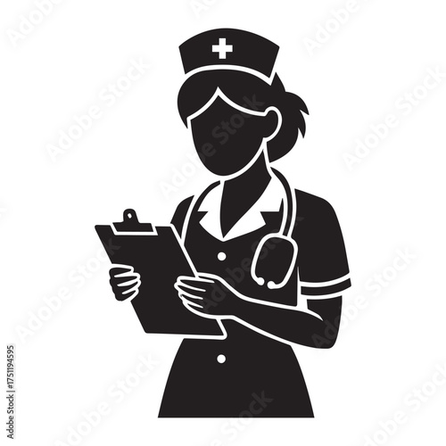 Black silhouette nurse holding clipboard medical healthcare