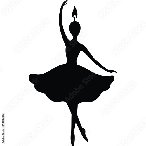 Silhouette of a ballerina with a candle on her head dancing gracefully in a stylized pose on white