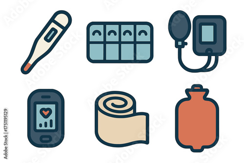 Comprehensive collection of essential medical devices and healthcare equipment icons for health, treatment, and diagnosis