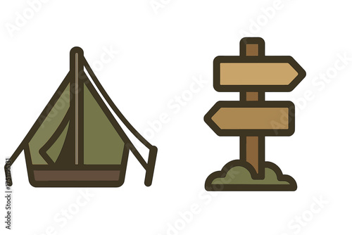 Camping tent and wooden directional signpost icons for outdoor adventure and travel navigation