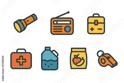 Essential emergency and survival kit items including flashlight radio first aid and water supply