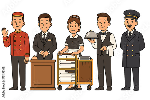Diverse group of hotel service professionals including bellhop, maid, waiter, and doorman standing together