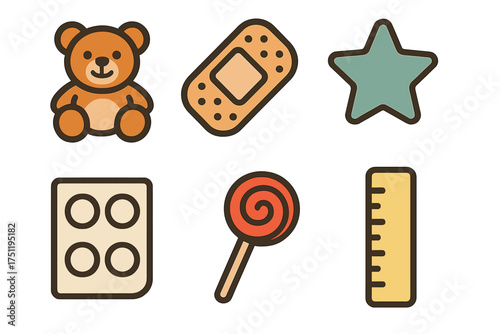 Set of six cute icons: teddy bear, adhesive bandage, star, lollipop, ruler, and blister pack