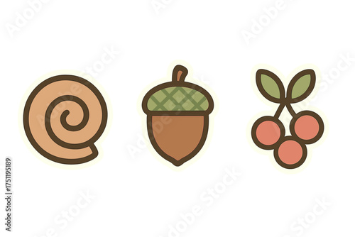 Cute nature sticker set featuring a spiral snail shell, ripe acorn, and fresh cherries