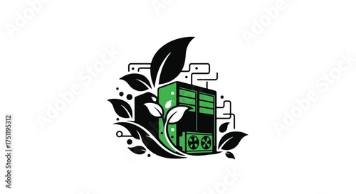 Green server rack surrounded by leaves, symbolizing eco-friendly technology and sustainability.