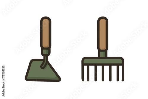 Set of essential gardening hand tools including a small hoe and hand rake for planting and weeding