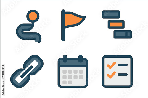 Essential business and planning symbols including calendar, checklist, flag, and link for digital interfaces