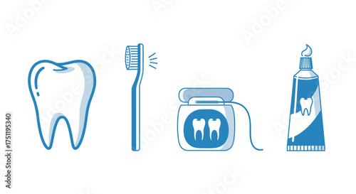 Dental hygiene illustration featuring a tooth, toothbrush, floss, and toothpaste, all in blue.
