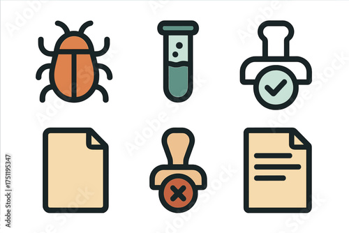 Six essential icons for science, technology, documents, and approval processes