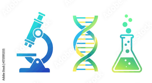 A set of colorful science icons including a microscope, DNA helix, and a bubbling chemical flask.