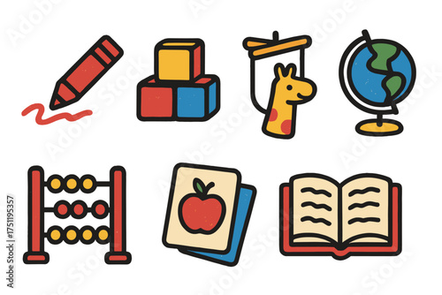 Colorful educational icons set featuring pencil, building blocks, giraffe toy, globe, abacus, flashcards, and open book