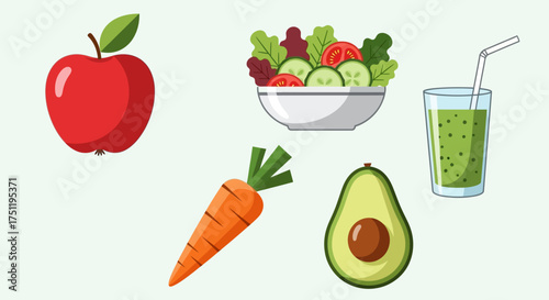 A vibrant collection of healthy foods including an apple, carrot, avocado, salad, and a green smoothie.