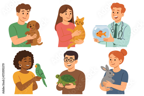Diverse group of pet owners and a veterinarian holding various domestic and exotic animals