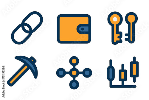 Set of essential icons representing digital currency, blockchain technology, security, mining, and trading