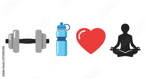Healthy lifestyle concept illustrated with icons for fitness, hydration, health, and mindfulness.