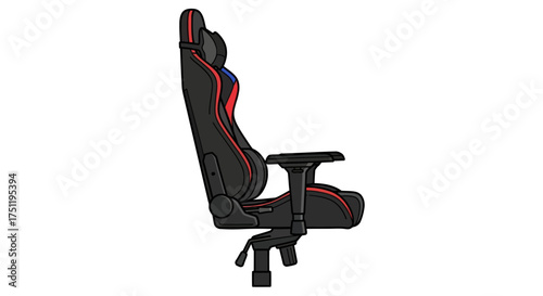 Black and red ergonomic gaming chair with high back and adjustable armrests side profile view.