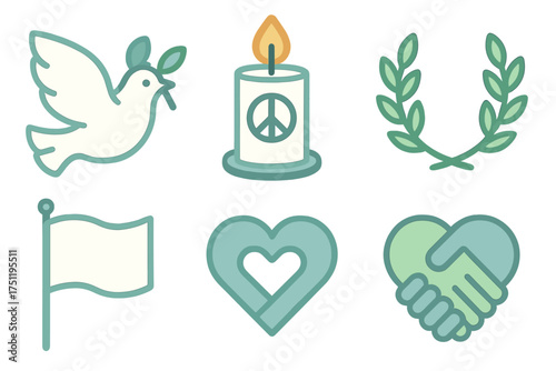 Peace and unity symbols set including dove, candle, laurel wreath, flag, heart, and handshake