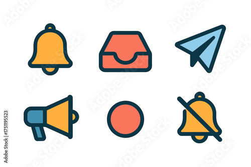 Colorful set of digital communication and notification elements including bell, inbox, paper plane, and megaphone
