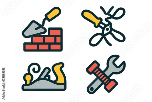 Set of essential tools for construction, masonry, woodworking, gardening, and mechanical repair