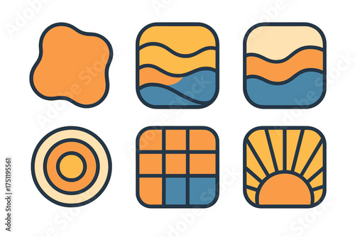 Abstract geometric icons set featuring natural elements like sun, waves, and organic shapes in retro colors