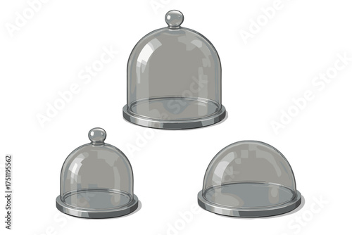 Three realistic transparent glass display domes and bell jars with shiny silver metallic bases