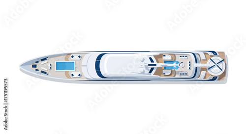 Aerial view of a luxurious white superyacht with multiple decks and seating areas.