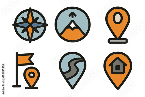 Set of travel and navigation icons featuring compass, mountain, location pins, flag, road, and home symbols