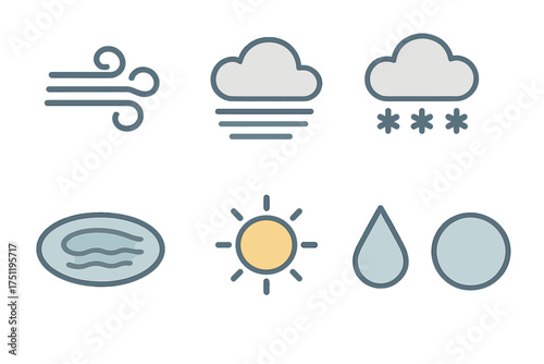 Set of simple colored icons representing atmospheric conditions and weather forecast symbols