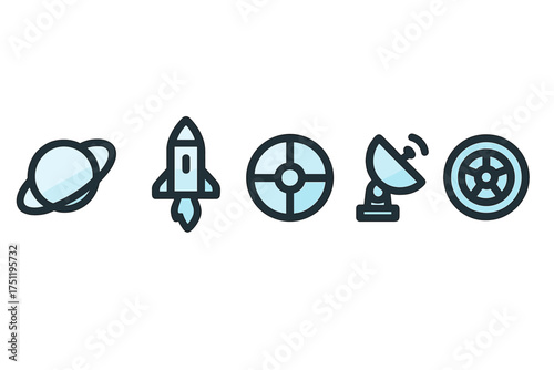 Outline icons set showing space exploration, communication technology, rocket, satellite, and planet