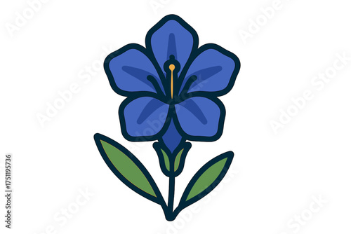 Vibrant blue blossom with green foliage and bold outlines isolated on white