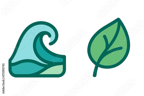 Stylized icon set featuring a curling ocean wave and a fresh green leaf symbolizing natural elements and ecology
