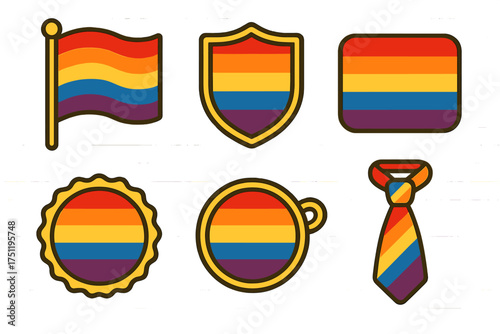 Rainbow pride flag themed collection of shield, badge, waving flag, and necktie symbols