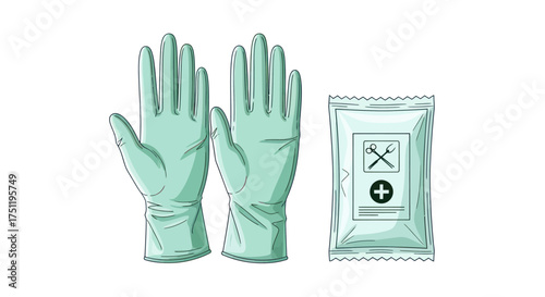 Pair of light green disposable medical gloves and sealed packet.