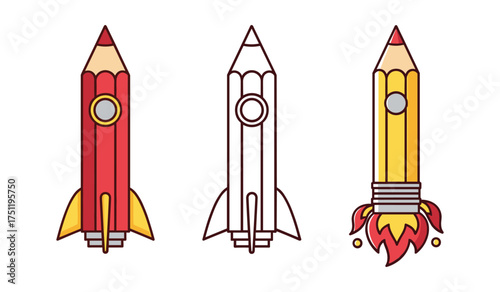 Red yellow and outline pencil rockets in a row vector
