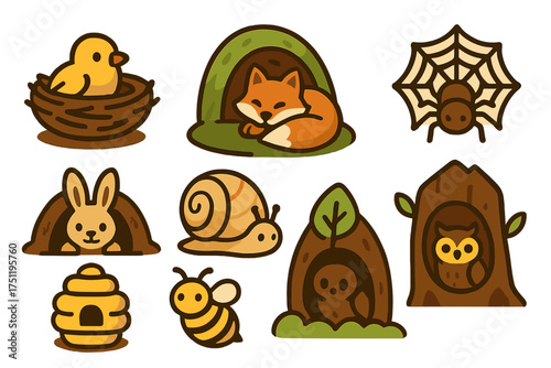 Cute cartoon animals and insects resting in their natural habitats and homes