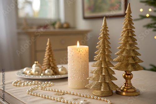 Golden christmas trees candle and ornaments create a warm holiday scene