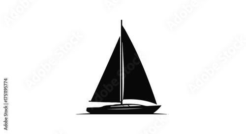 Sleek black sailboat gliding across serene waters under a bright sky