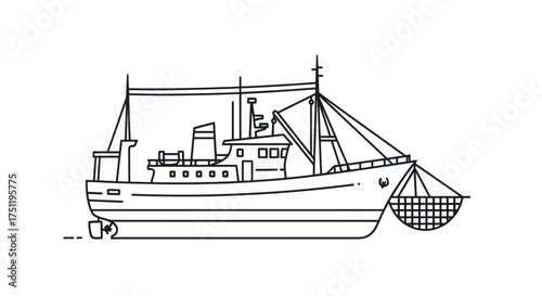 Fishing Trawler Outline: Detailed Line Art of a Commercial Fishing Vessel.