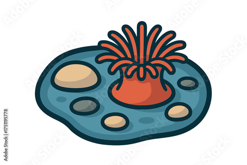 Stylized sea anemone resting in a shallow tide pool among colorful pebbles and rocks