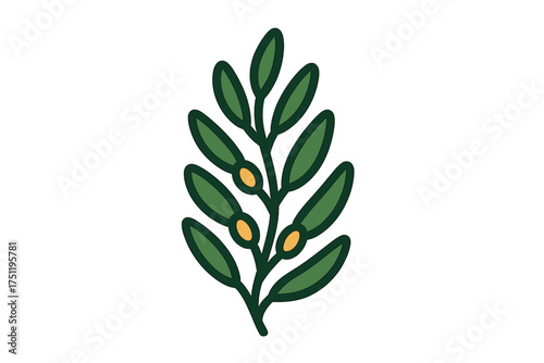 Stylized green leafy branch with small yellow fruits on a white background