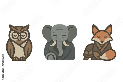 A collection of three stylized wild animals: an owl, an elephant, and a fox sitting on a turtle