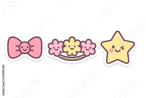 Cute cartoon stickers set with pink bow, smiling flowers, and winking yellow star